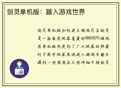 剑灵单机版：踏入游戏世界